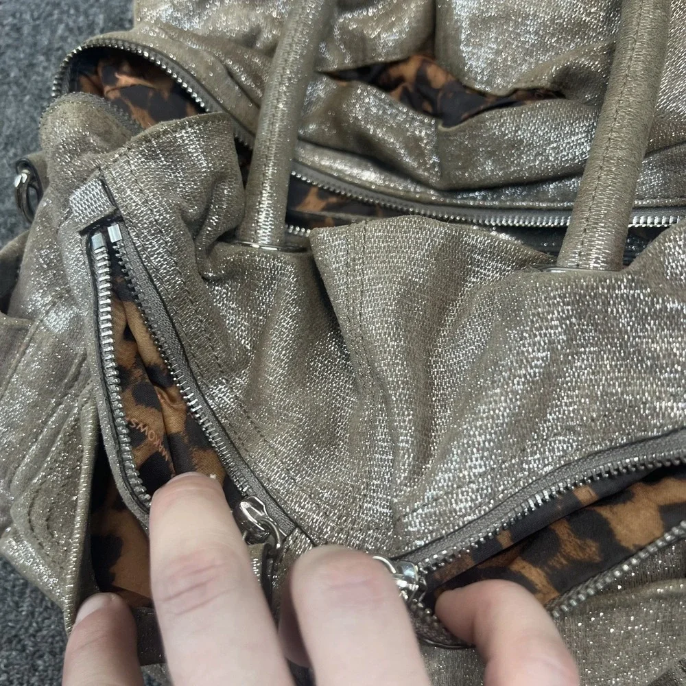 B. Makowsky Y2K Metallic Champagne Leather Satchel Bag Large Leopard Rocker Hobo